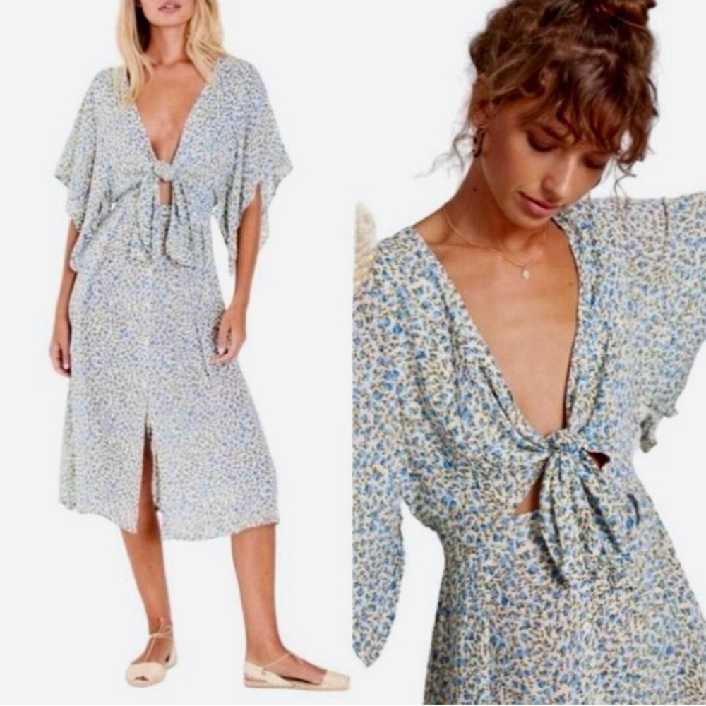 Faithfull the Brand Blue and Cream Floral Midi Dress